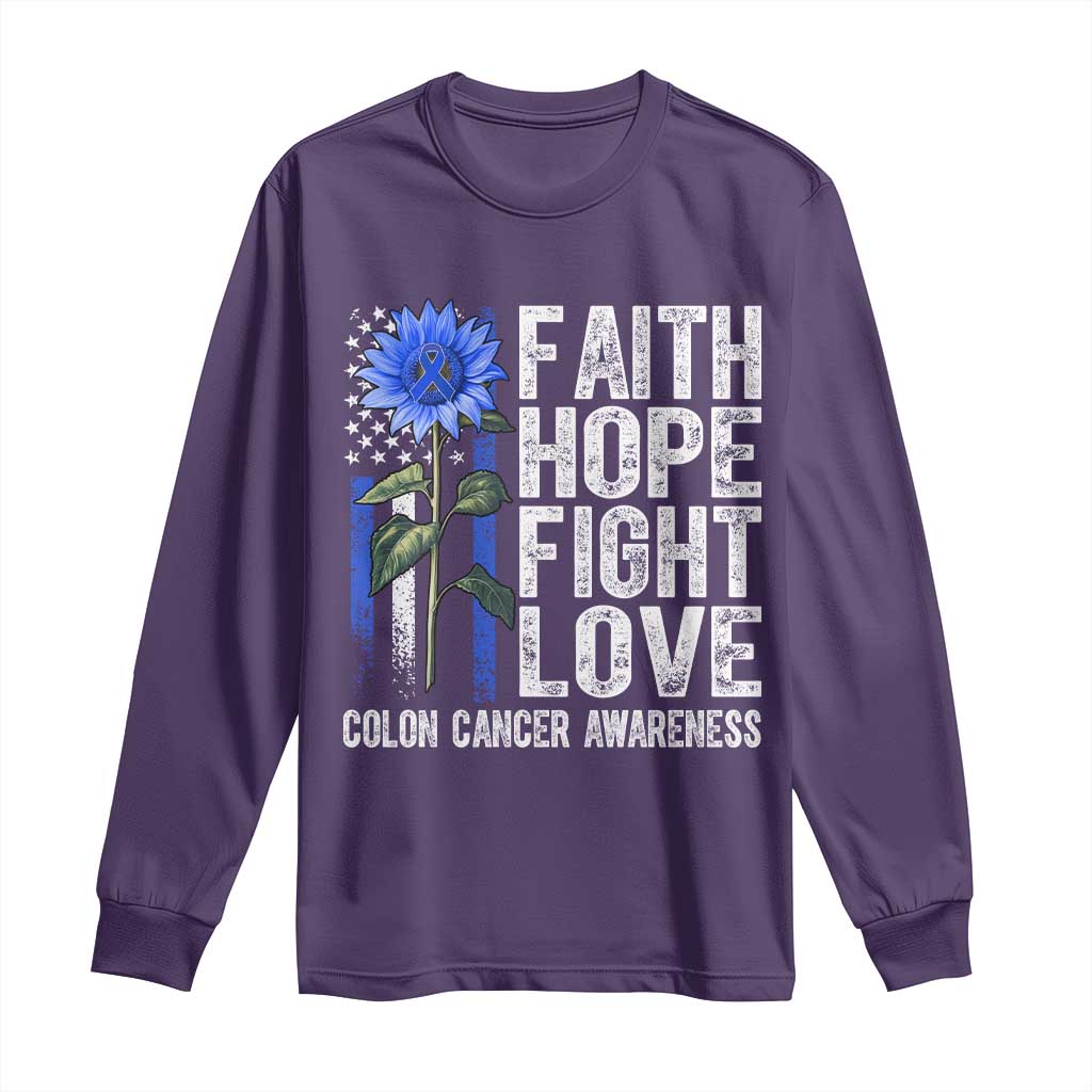 Colon Cancer Awareness Long Sleeve Shirt Faith Hope Fight Love Sunflower USA Flag