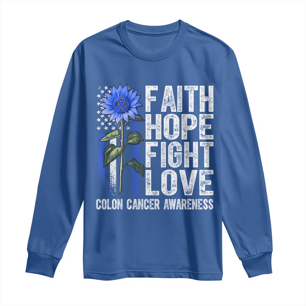 Colon Cancer Awareness Long Sleeve Shirt Faith Hope Fight Love Sunflower USA Flag