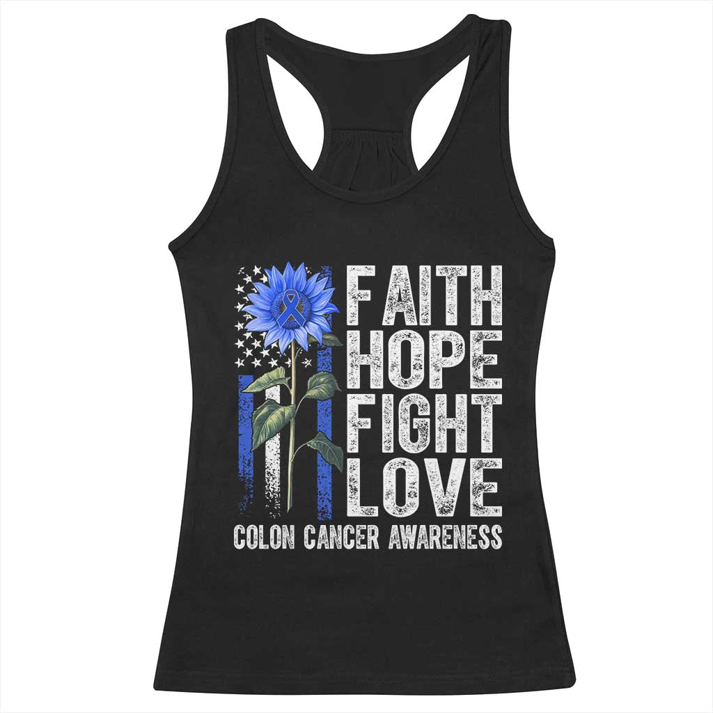 Colon Cancer Awareness Racerback Tank Top Faith Hope Fight Love Sunflower USA Flag