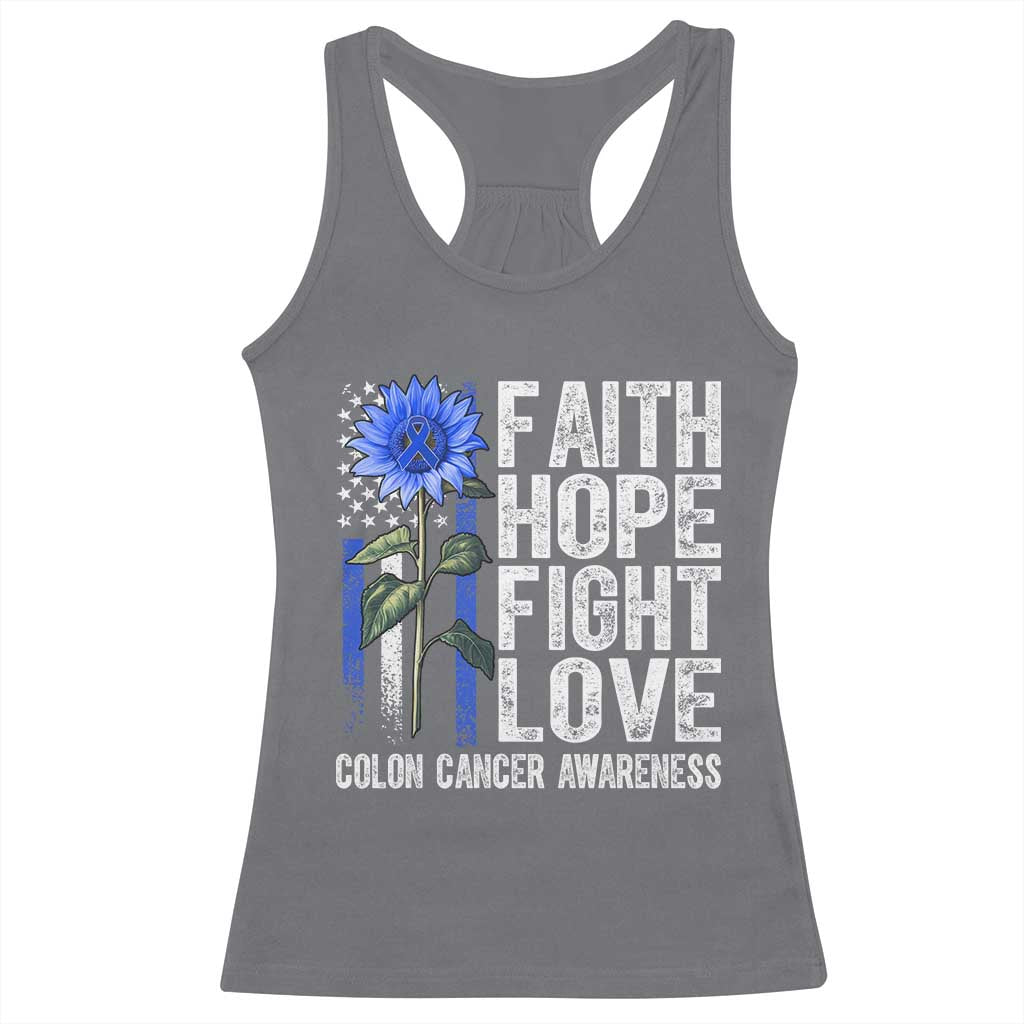 Colon Cancer Awareness Racerback Tank Top Faith Hope Fight Love Sunflower USA Flag