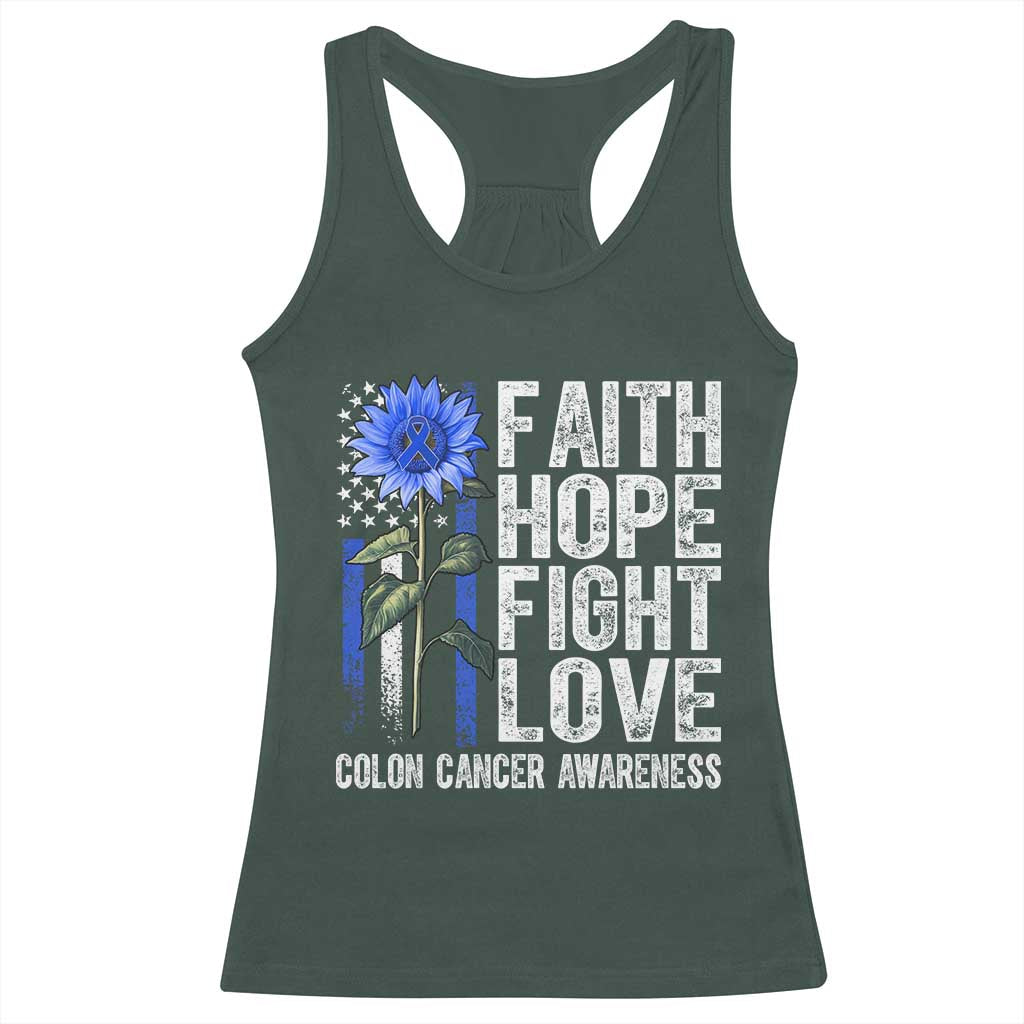 Colon Cancer Awareness Racerback Tank Top Faith Hope Fight Love Sunflower USA Flag