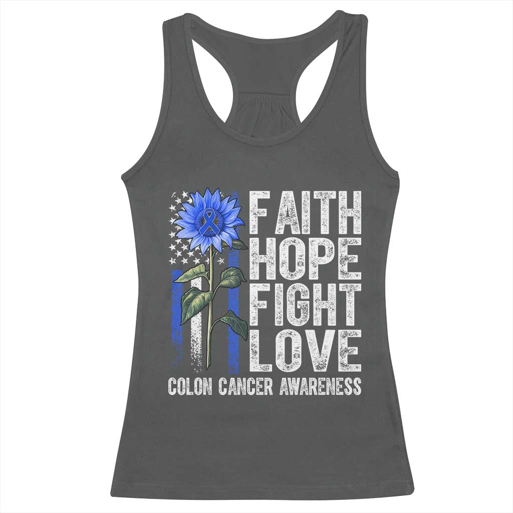 Colon Cancer Awareness Racerback Tank Top Faith Hope Fight Love Sunflower USA Flag