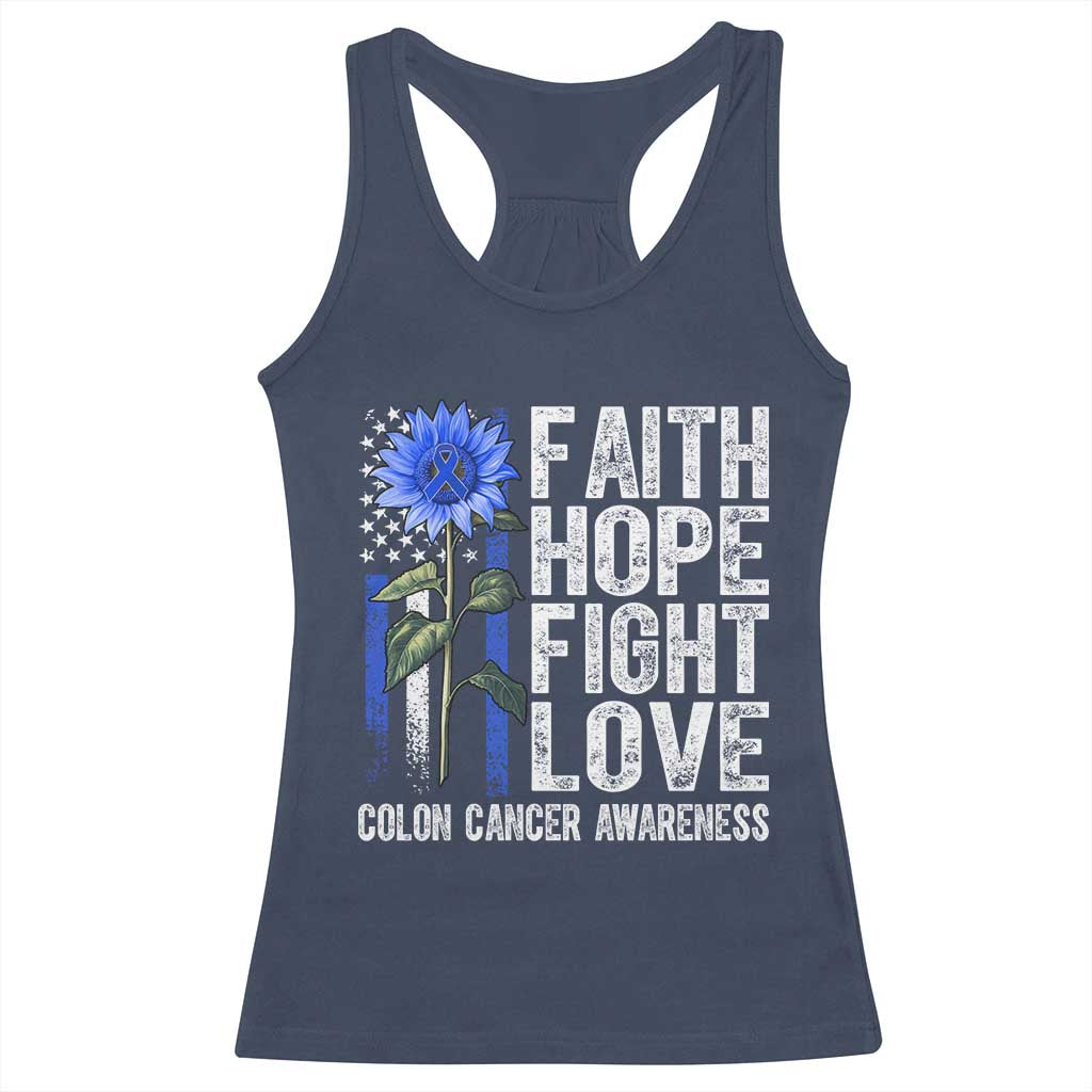 Colon Cancer Awareness Racerback Tank Top Faith Hope Fight Love Sunflower USA Flag