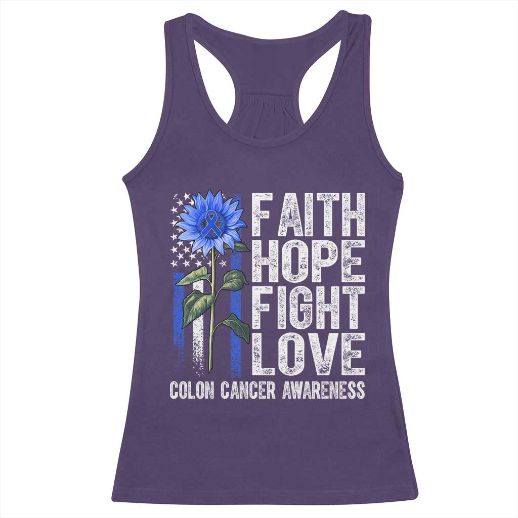 Colon Cancer Awareness Racerback Tank Top Faith Hope Fight Love Sunflower USA Flag