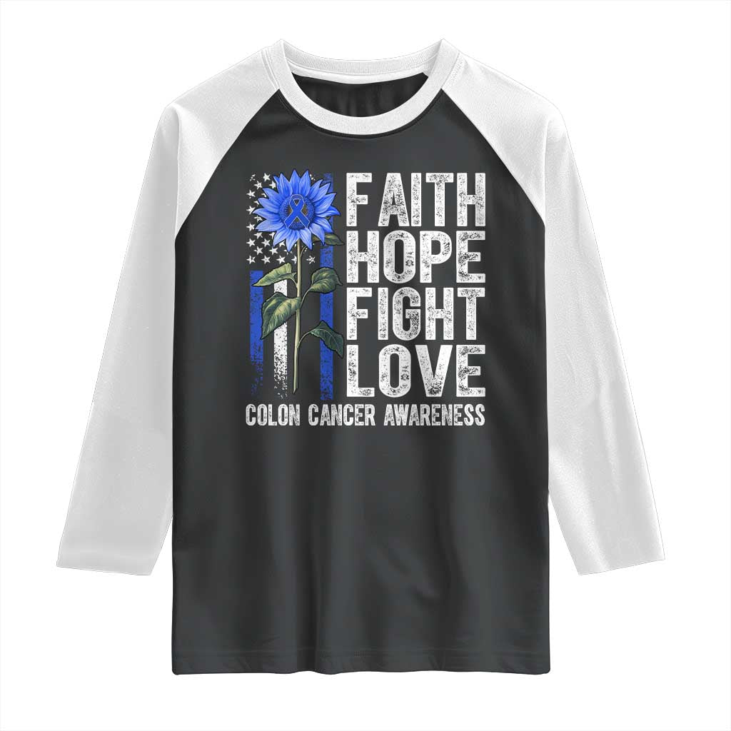 Colon Cancer Awareness Raglan Shirt Faith Hope Fight Love Sunflower USA Flag