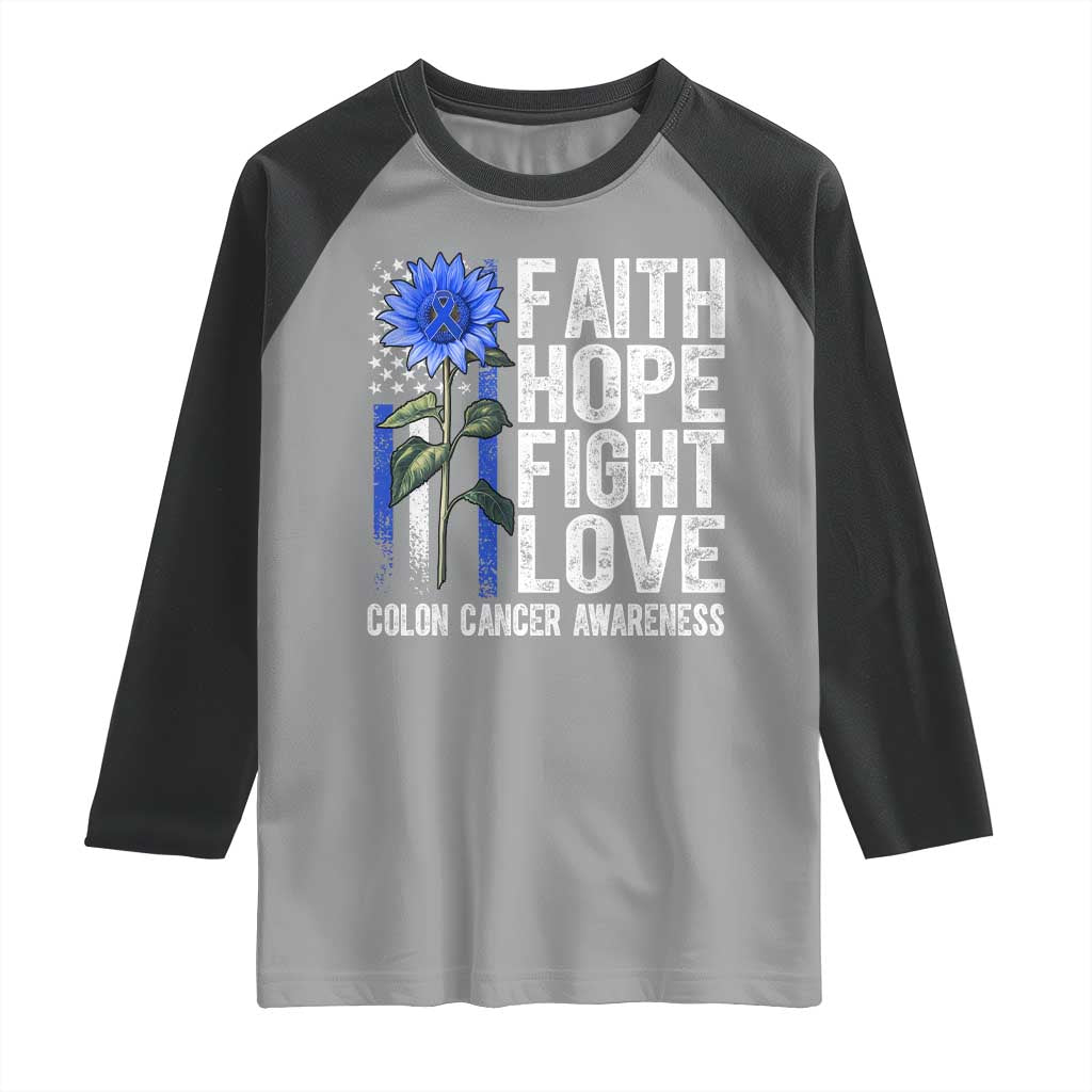 Colon Cancer Awareness Raglan Shirt Faith Hope Fight Love Sunflower USA Flag