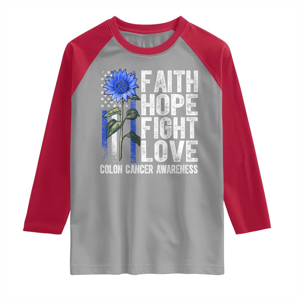 Colon Cancer Awareness Raglan Shirt Faith Hope Fight Love Sunflower USA Flag