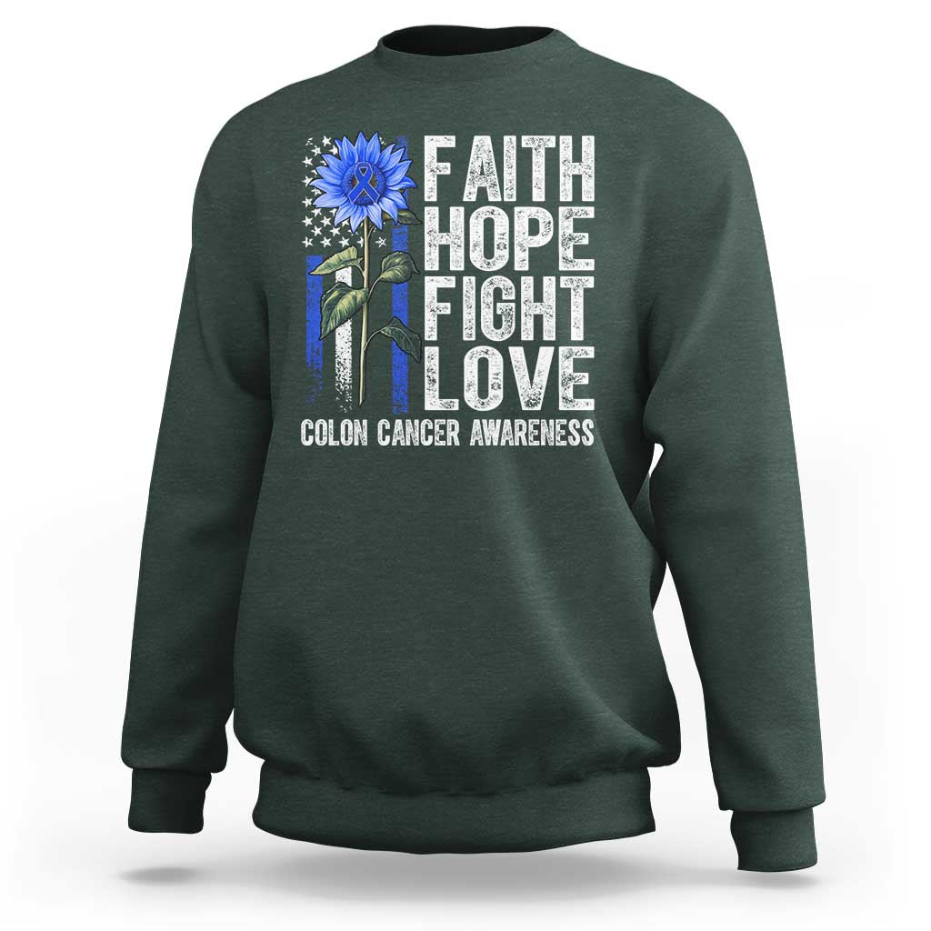 Colon Cancer Awareness Sweatshirt Faith Hope Fight Love Sunflower USA Flag