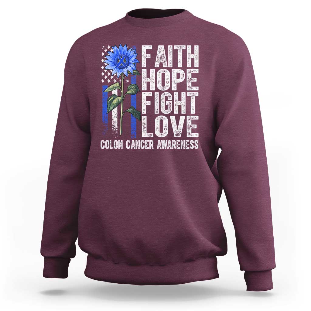 Colon Cancer Awareness Sweatshirt Faith Hope Fight Love Sunflower USA Flag