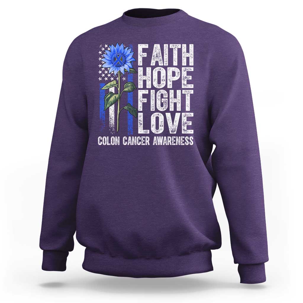 Colon Cancer Awareness Sweatshirt Faith Hope Fight Love Sunflower USA Flag
