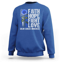 Colon Cancer Awareness Sweatshirt Faith Hope Fight Love Sunflower USA Flag