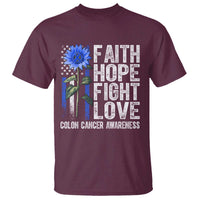 Colon Cancer Awareness T Shirt Faith Hope Fight Love Sunflower USA Flag