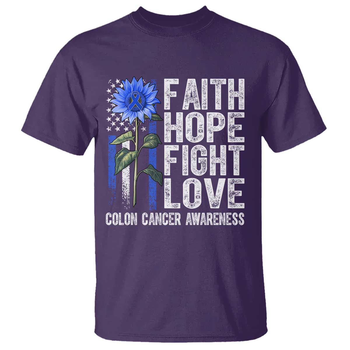 Colon Cancer Awareness T Shirt Faith Hope Fight Love Sunflower USA Flag