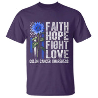 Colon Cancer Awareness T Shirt Faith Hope Fight Love Sunflower USA Flag