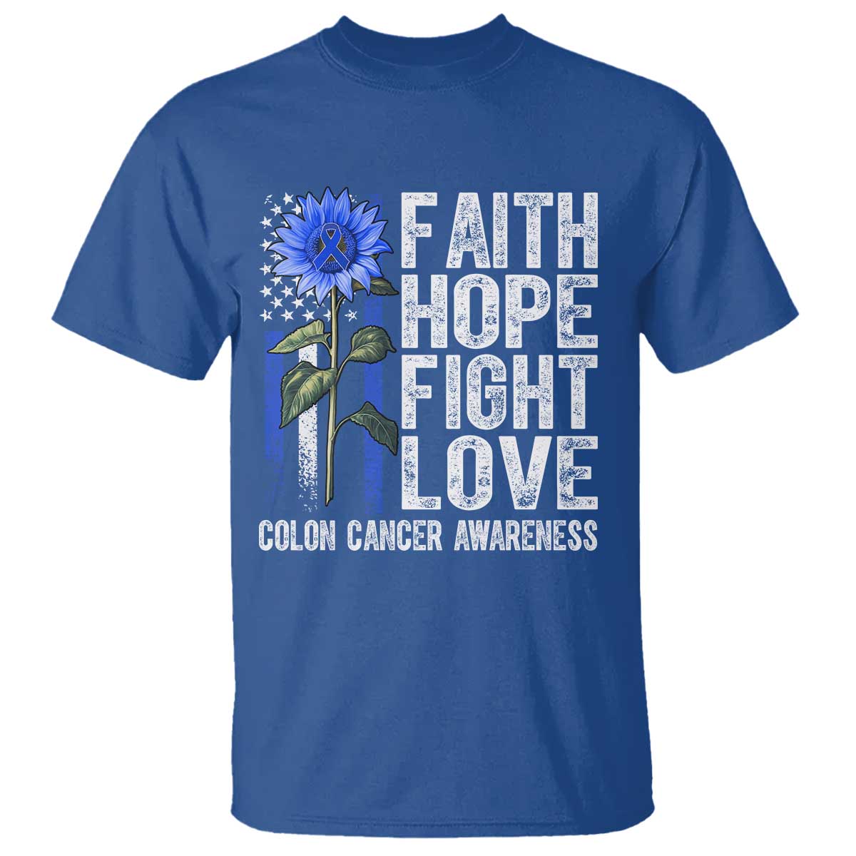 Colon Cancer Awareness T Shirt Faith Hope Fight Love Sunflower USA Flag