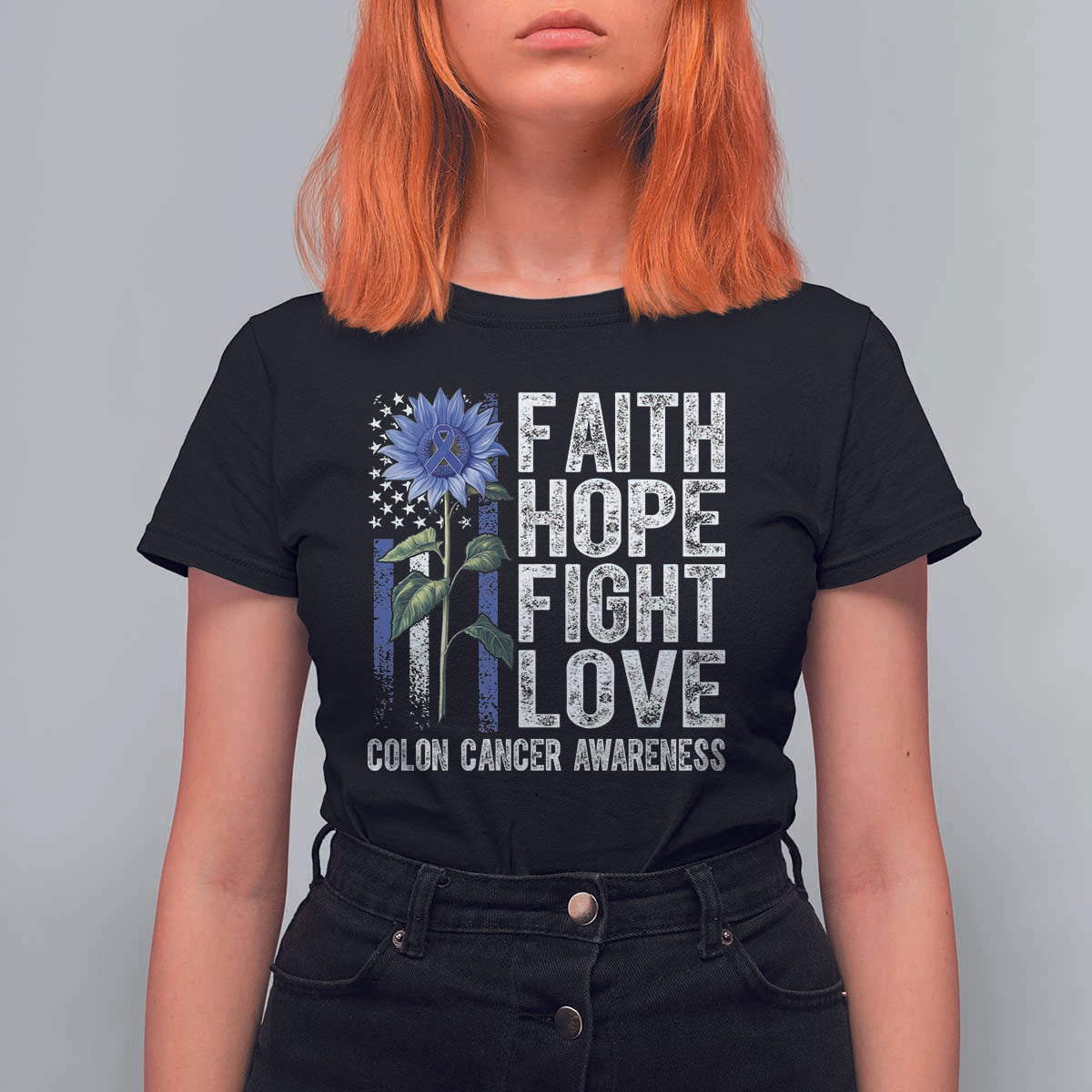 Colon Cancer Awareness T Shirt For Women Faith Hope Fight Love Sunflower USA Flag