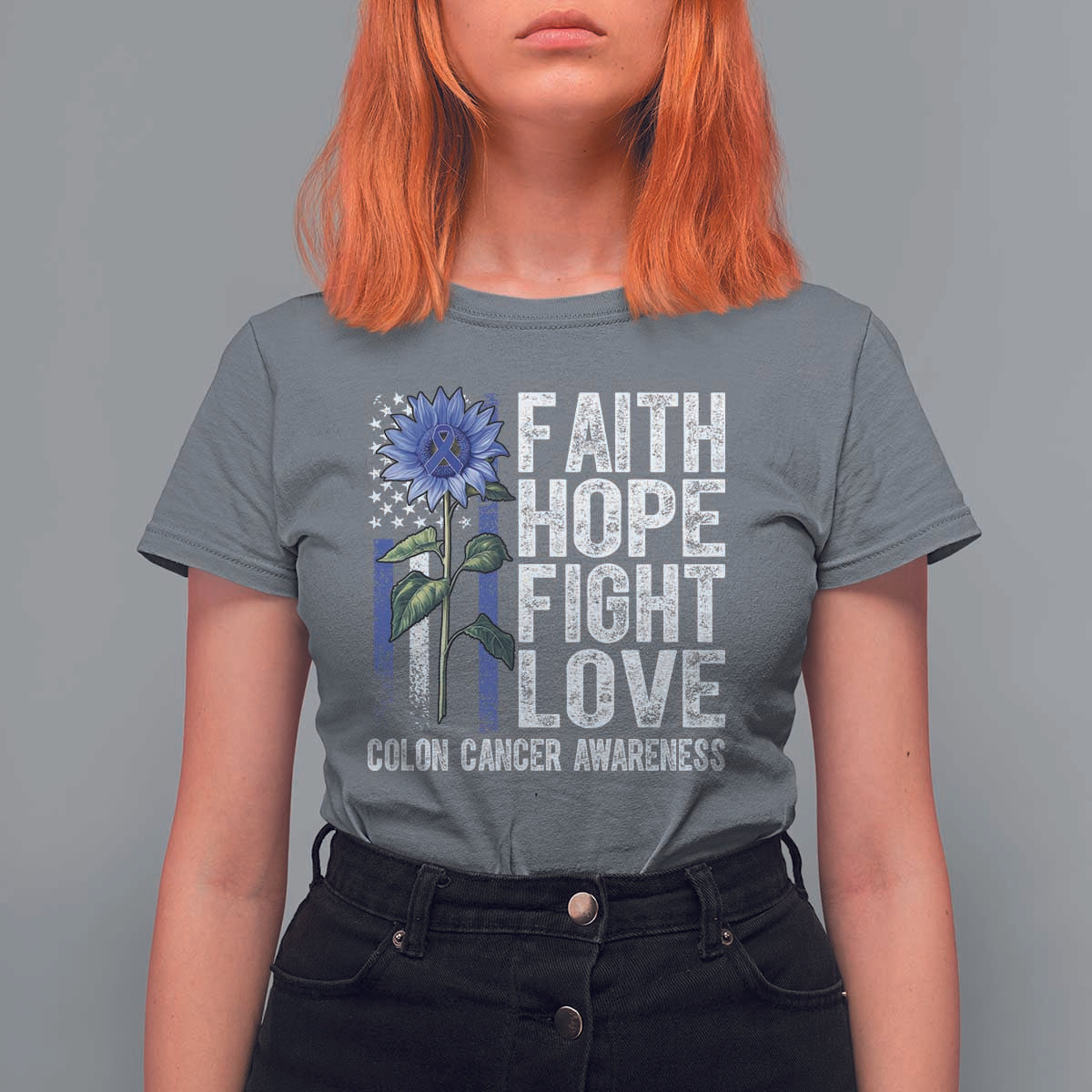Colon Cancer Awareness T Shirt For Women Faith Hope Fight Love Sunflower USA Flag