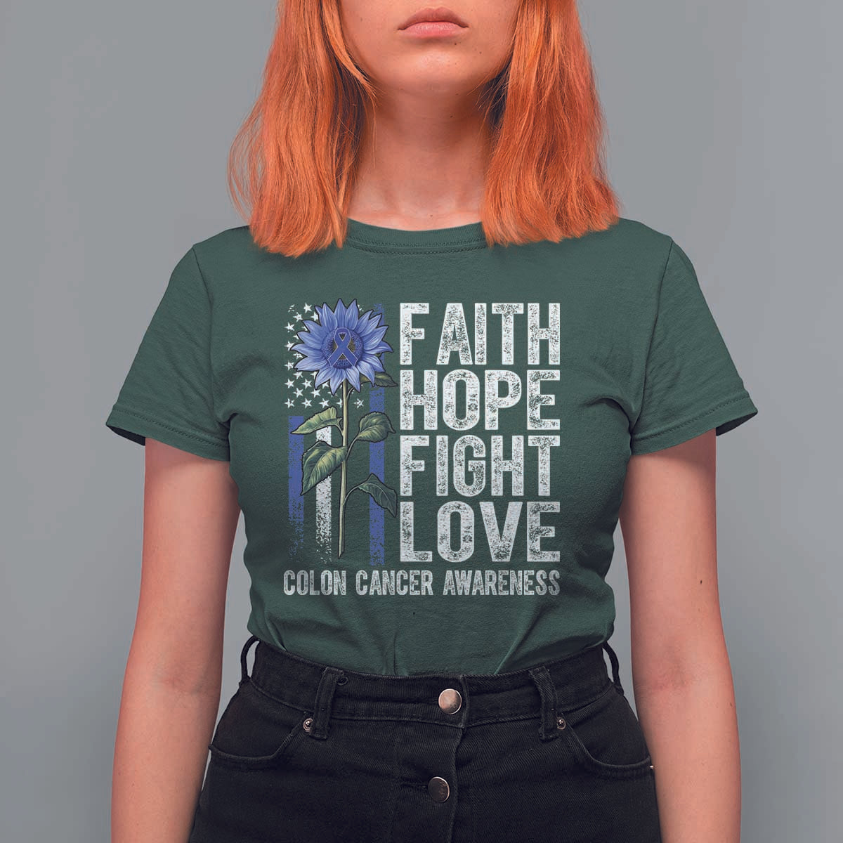 Colon Cancer Awareness T Shirt For Women Faith Hope Fight Love Sunflower USA Flag