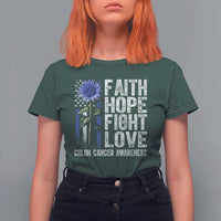 Colon Cancer Awareness T Shirt For Women Faith Hope Fight Love Sunflower USA Flag