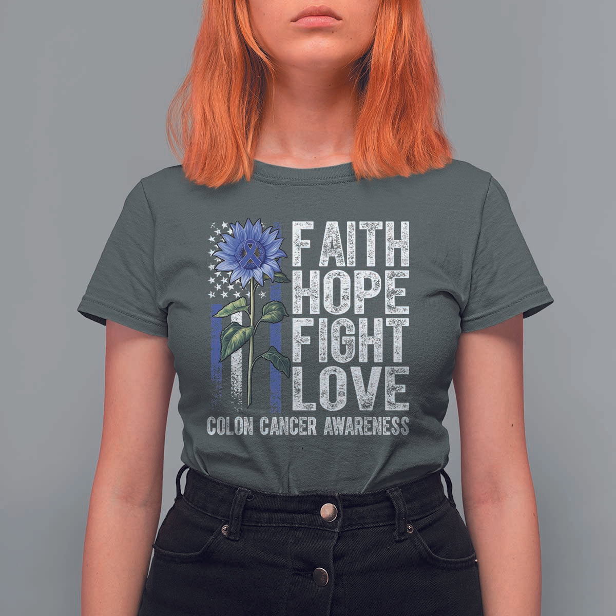 Colon Cancer Awareness T Shirt For Women Faith Hope Fight Love Sunflower USA Flag