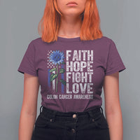 Colon Cancer Awareness T Shirt For Women Faith Hope Fight Love Sunflower USA Flag