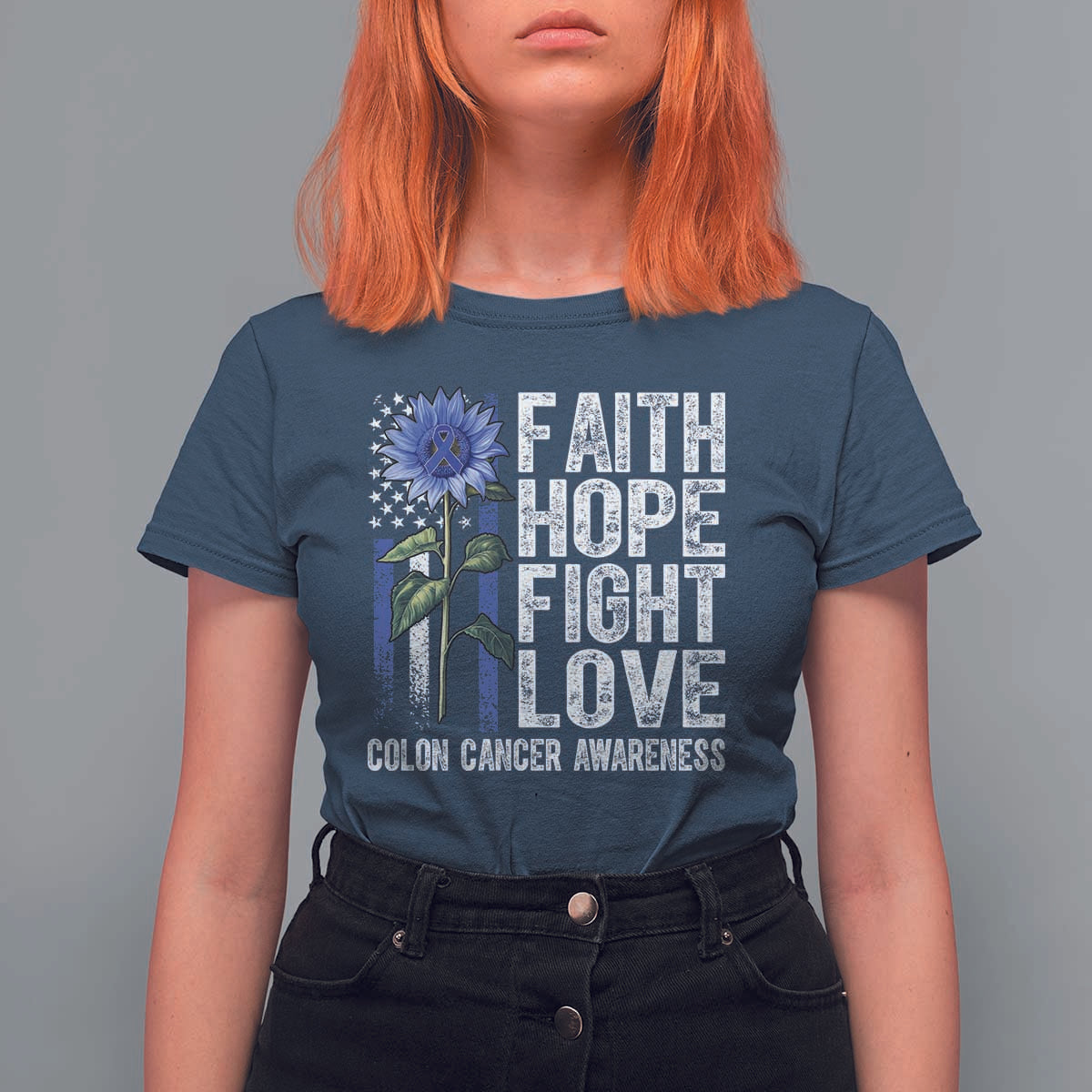 Colon Cancer Awareness T Shirt For Women Faith Hope Fight Love Sunflower USA Flag