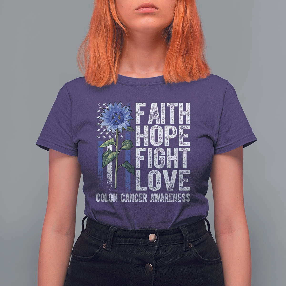 Colon Cancer Awareness T Shirt For Women Faith Hope Fight Love Sunflower USA Flag