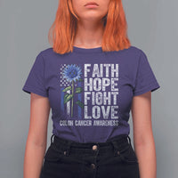 Colon Cancer Awareness T Shirt For Women Faith Hope Fight Love Sunflower USA Flag