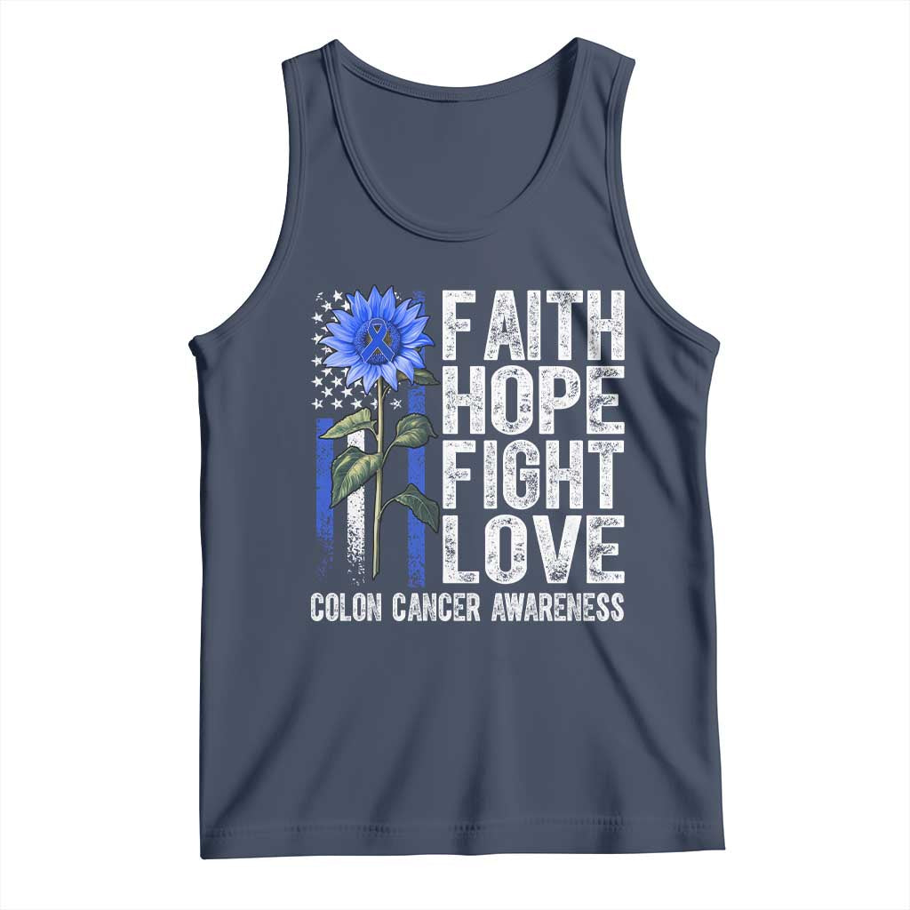 Colon Cancer Awareness Tank Top Faith Hope Fight Love Sunflower USA Flag