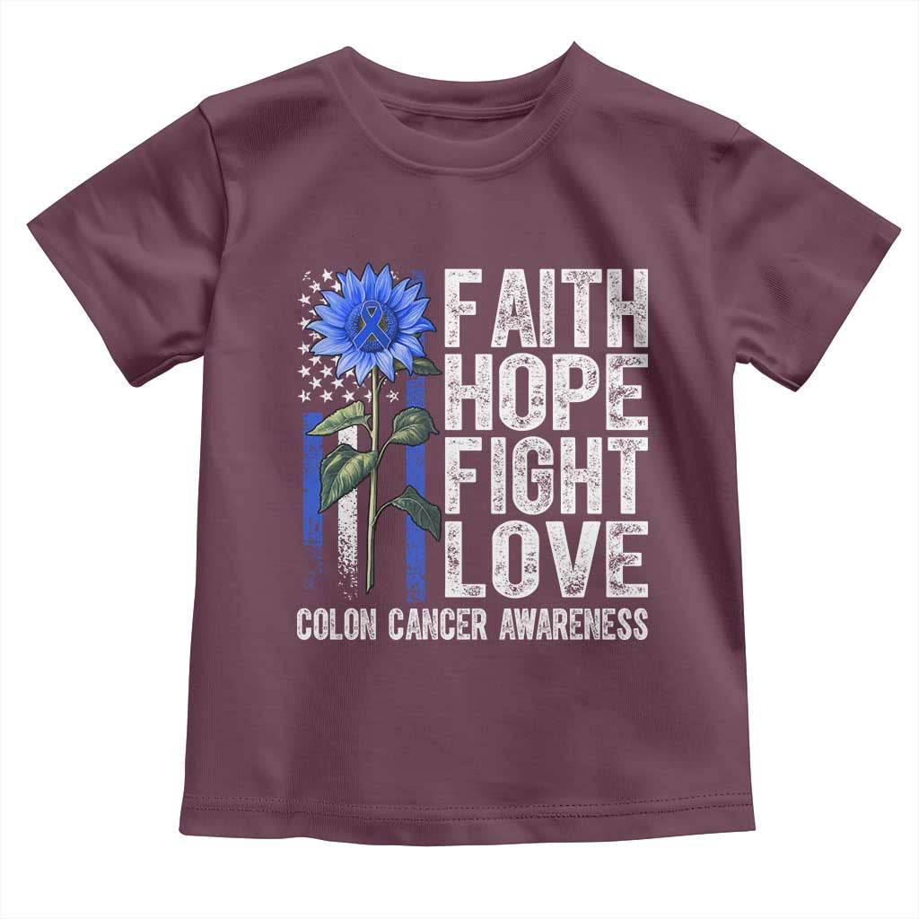 Colon Cancer Awareness Toddler T Shirt Faith Hope Fight Love Sunflower USA Flag