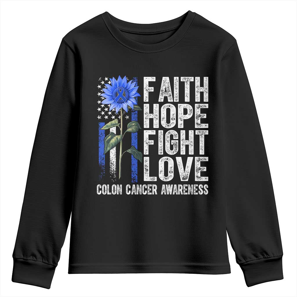 Colon Cancer Awareness Youth Sweatshirt Faith Hope Fight Love Sunflower USA Flag