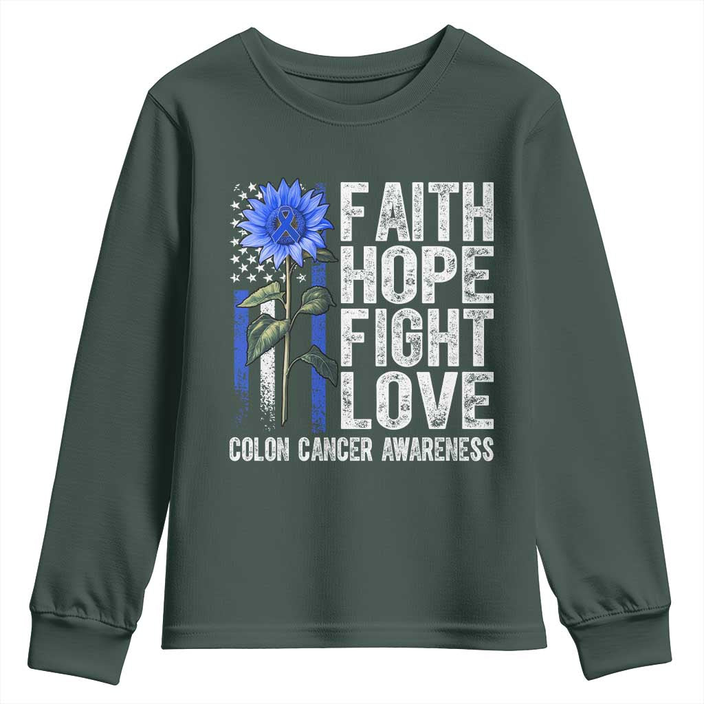 Colon Cancer Awareness Youth Sweatshirt Faith Hope Fight Love Sunflower USA Flag