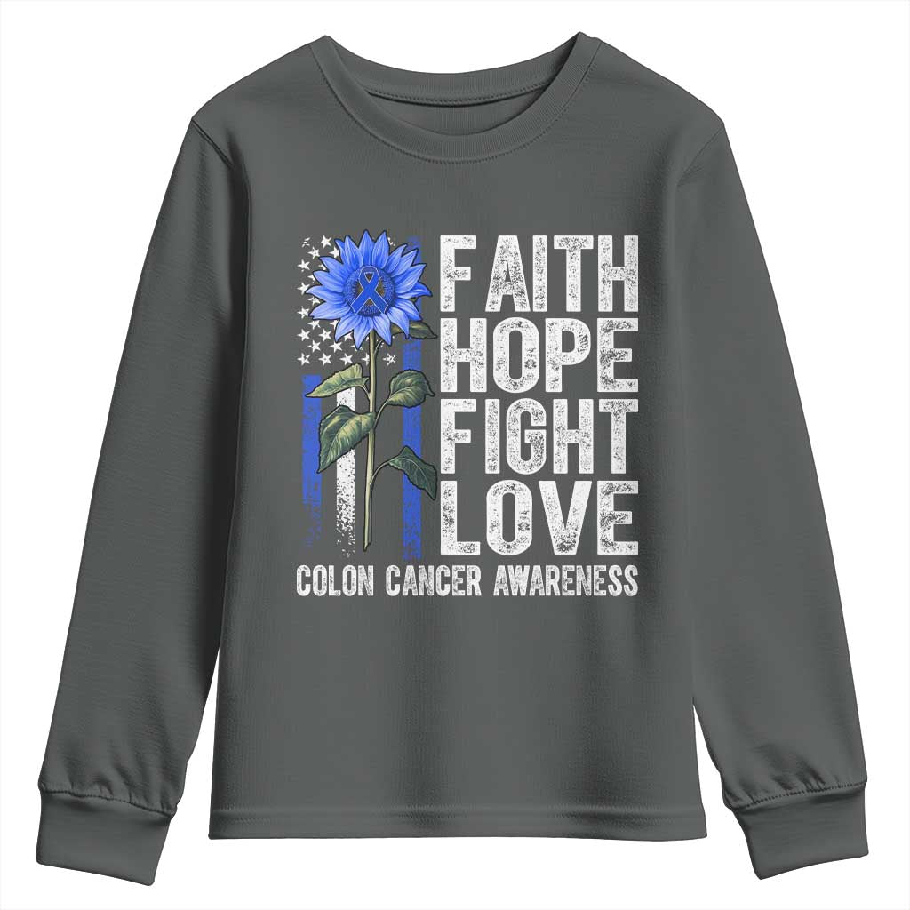 Colon Cancer Awareness Youth Sweatshirt Faith Hope Fight Love Sunflower USA Flag
