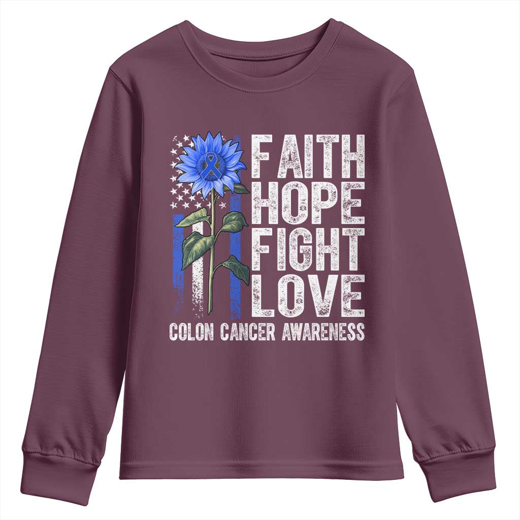 Colon Cancer Awareness Youth Sweatshirt Faith Hope Fight Love Sunflower USA Flag