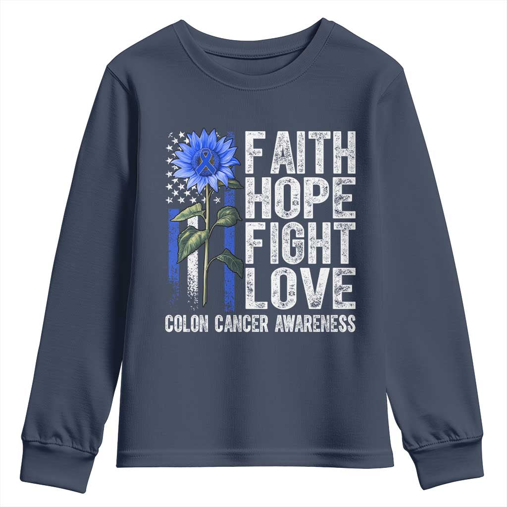 Colon Cancer Awareness Youth Sweatshirt Faith Hope Fight Love Sunflower USA Flag
