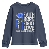 Colon Cancer Awareness Youth Sweatshirt Faith Hope Fight Love Sunflower USA Flag