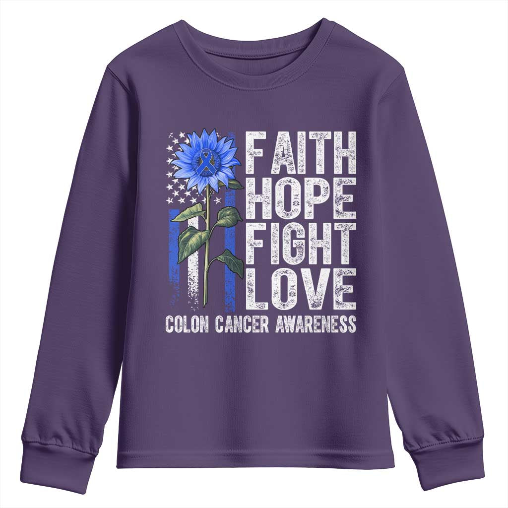 Colon Cancer Awareness Youth Sweatshirt Faith Hope Fight Love Sunflower USA Flag