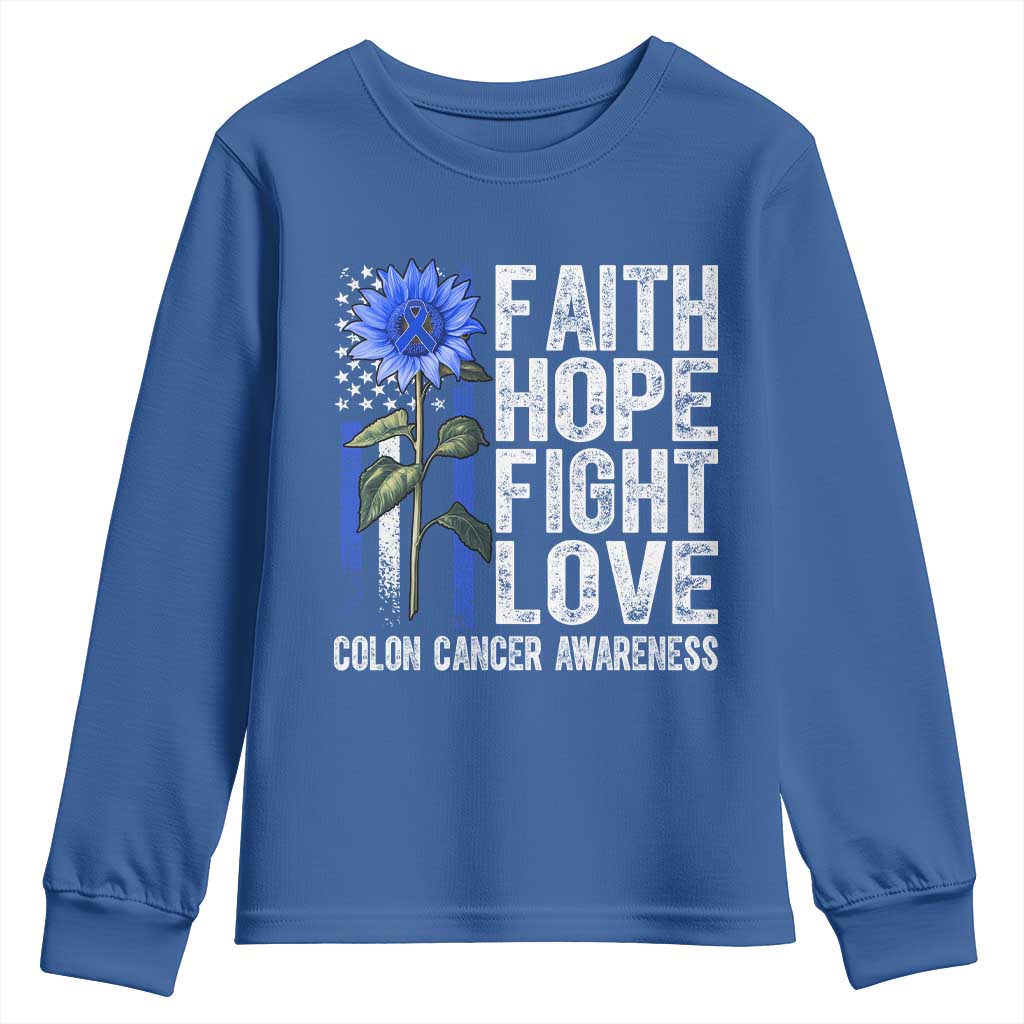 Colon Cancer Awareness Youth Sweatshirt Faith Hope Fight Love Sunflower USA Flag