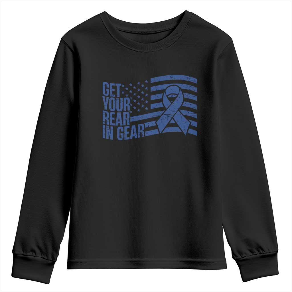 Funny Colorectal Cancer Awareness Youth Sweatshirt Get Your Rear In Gear Vintage American Flag