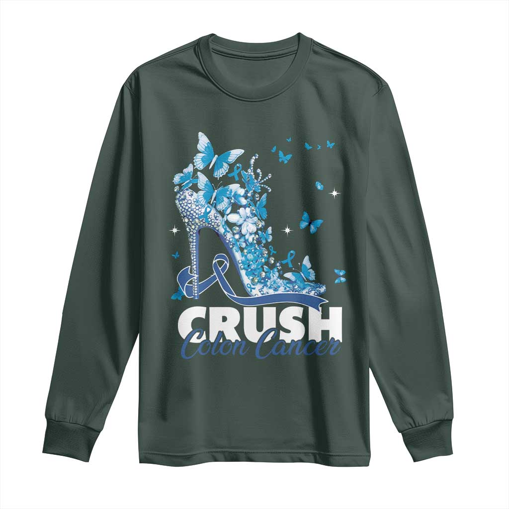 Crush Colon Cancer Long Sleeve Shirt Colorectal Cancer Awareness Bling Blue Ribbon High Heel