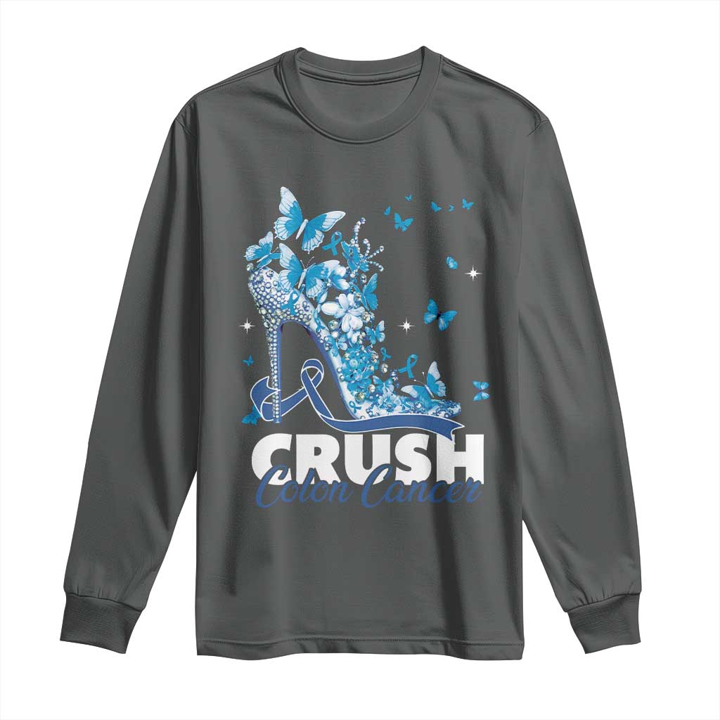 Crush Colon Cancer Long Sleeve Shirt Colorectal Cancer Awareness Bling Blue Ribbon High Heel