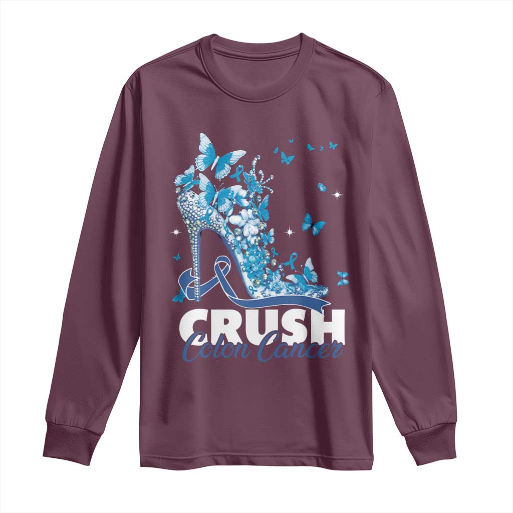 Crush Colon Cancer Long Sleeve Shirt Colorectal Cancer Awareness Bling Blue Ribbon High Heel