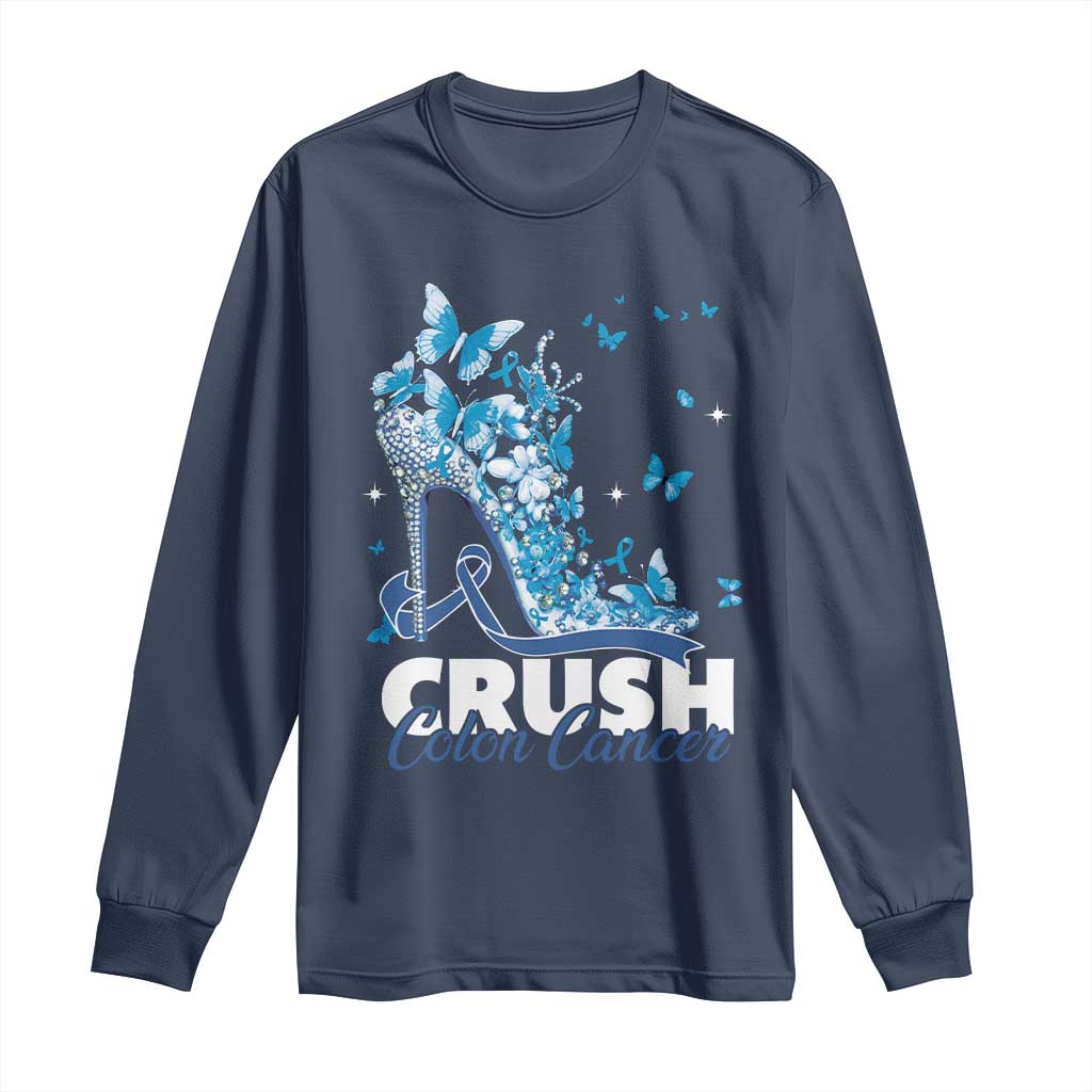 Crush Colon Cancer Long Sleeve Shirt Colorectal Cancer Awareness Bling Blue Ribbon High Heel