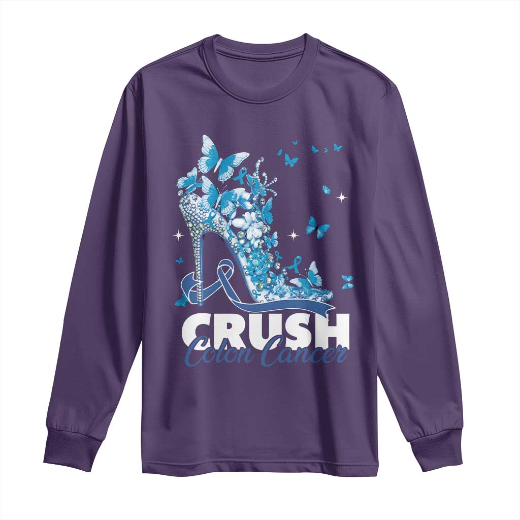 Crush Colon Cancer Long Sleeve Shirt Colorectal Cancer Awareness Bling Blue Ribbon High Heel