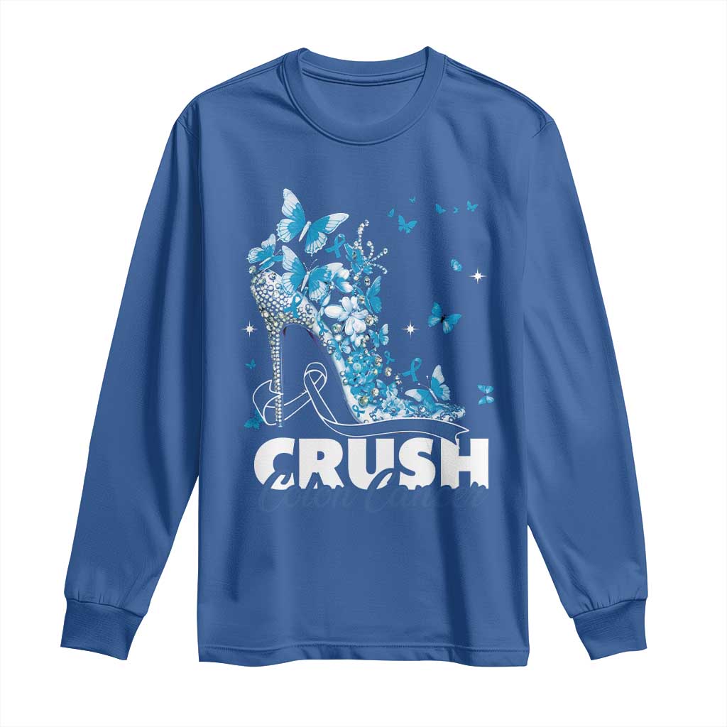 Crush Colon Cancer Long Sleeve Shirt Colorectal Cancer Awareness Bling Blue Ribbon High Heel
