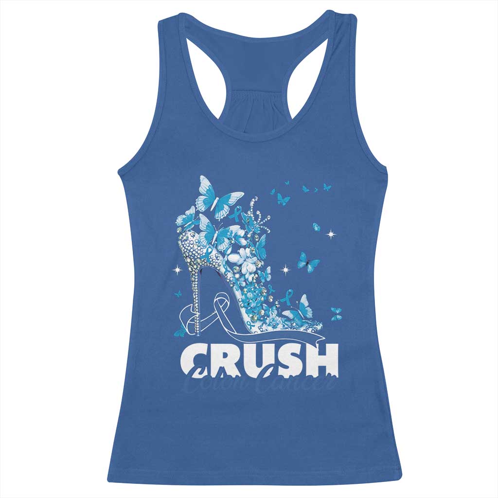 Crush Colon Cancer Racerback Tank Top Colorectal Cancer Awareness Bling Blue Ribbon High Heel