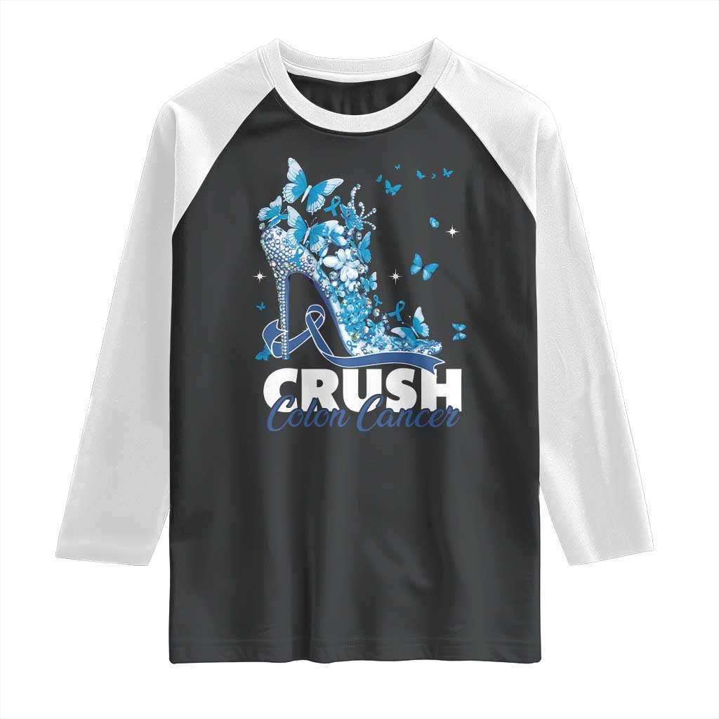 Crush Colon Cancer Raglan Shirt Colorectal Cancer Awareness Bling Blue Ribbon High Heel
