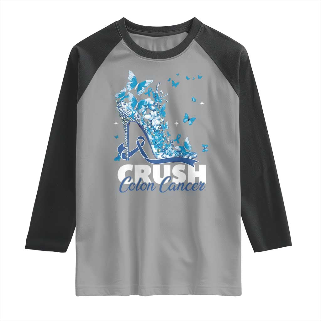 Crush Colon Cancer Raglan Shirt Colorectal Cancer Awareness Bling Blue Ribbon High Heel