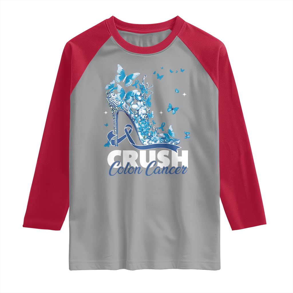 Crush Colon Cancer Raglan Shirt Colorectal Cancer Awareness Bling Blue Ribbon High Heel