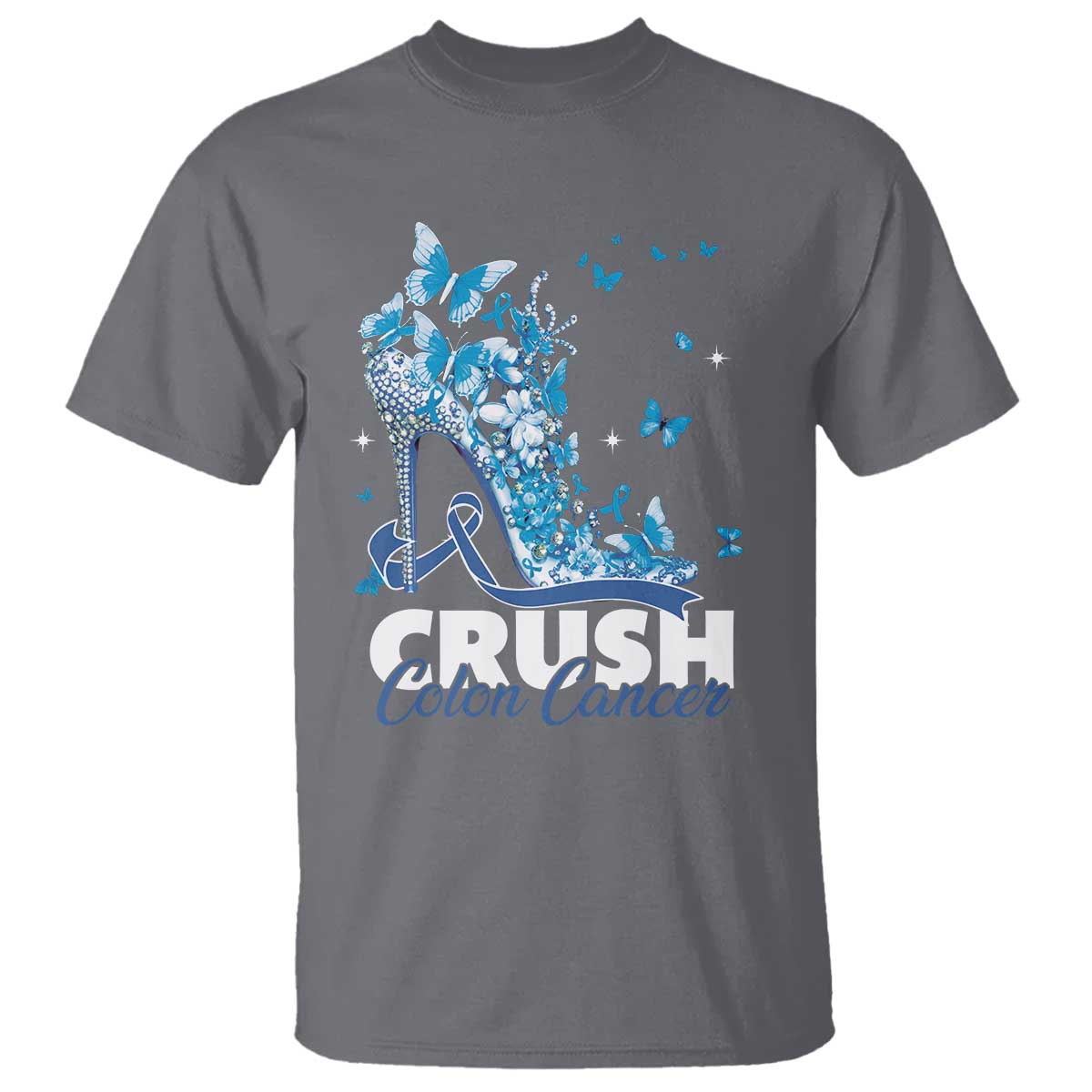 Crush Colon Cancer T Shirt Colorectal Cancer Awareness Bling Blue Ribbon High Heel